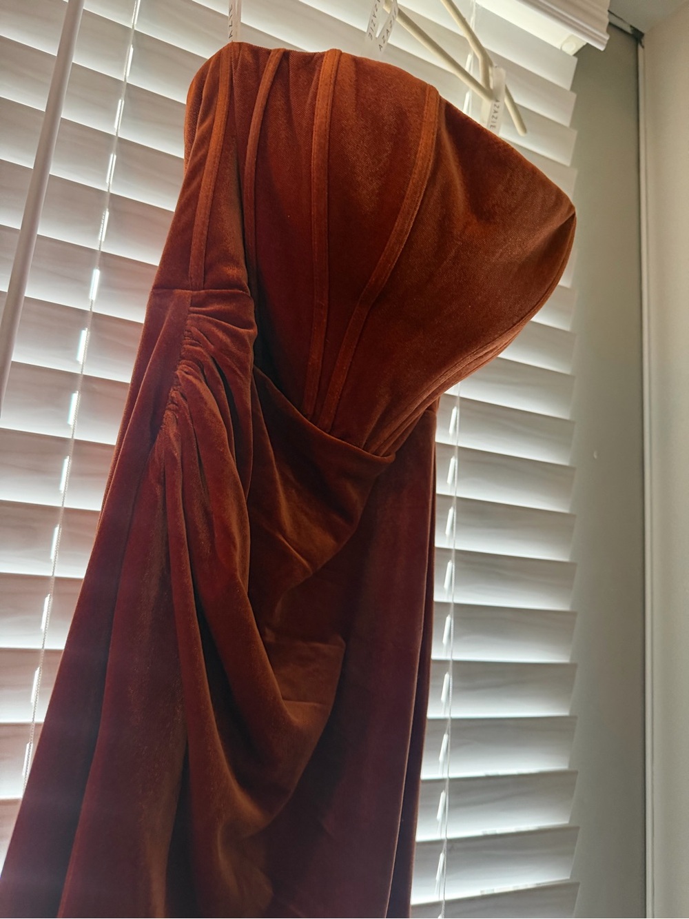 Velvet Draped Strapless Gown in Rust